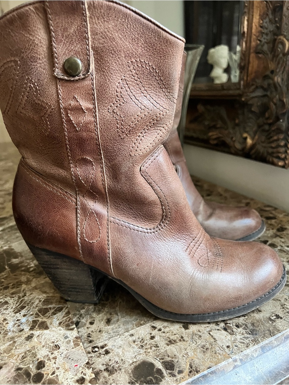 Gianni Bini Brown Leather Western Heeled Boots